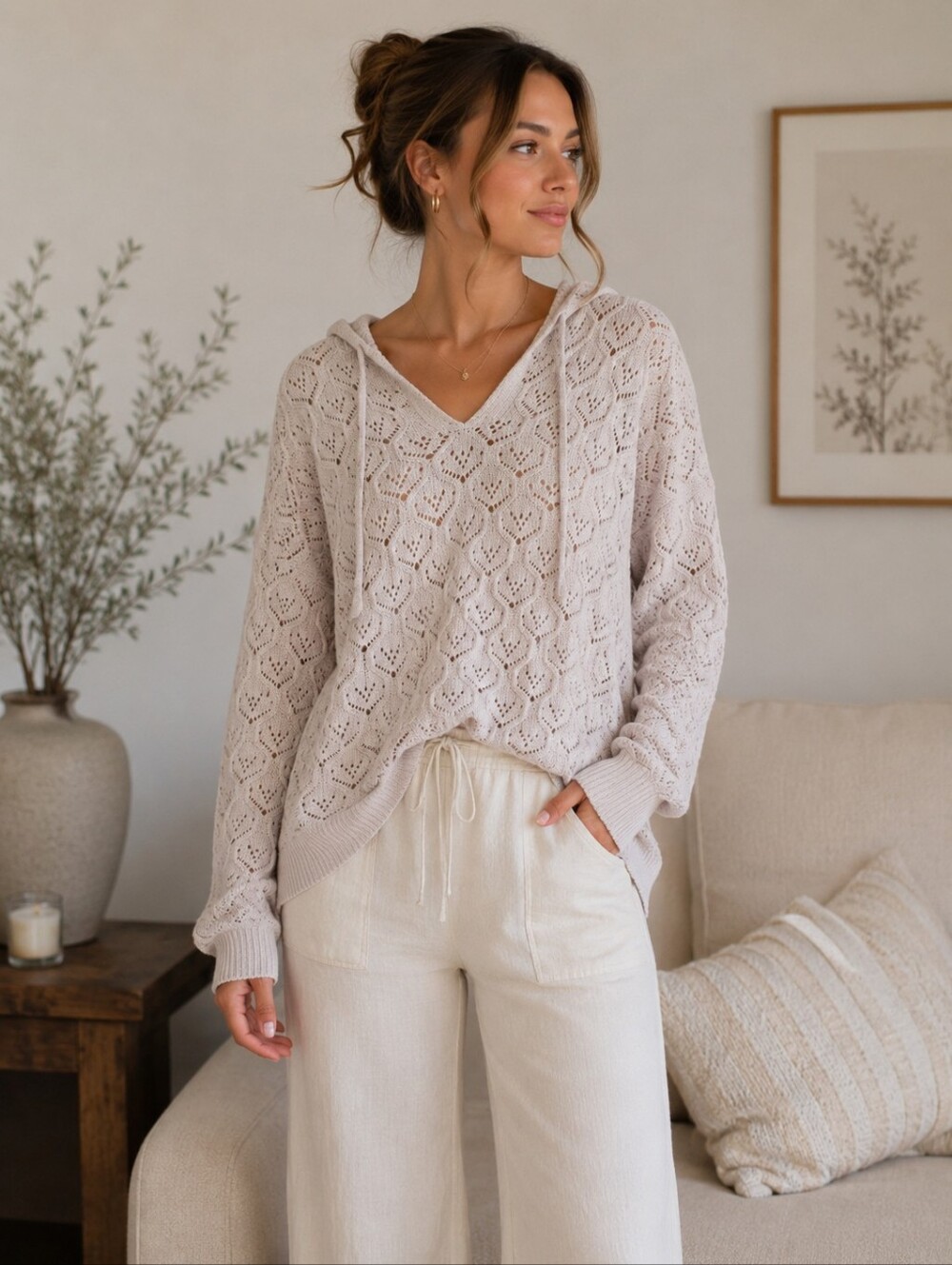 Artelier Nicole Miller Open-Knit Hooded Sweater in Light Beige